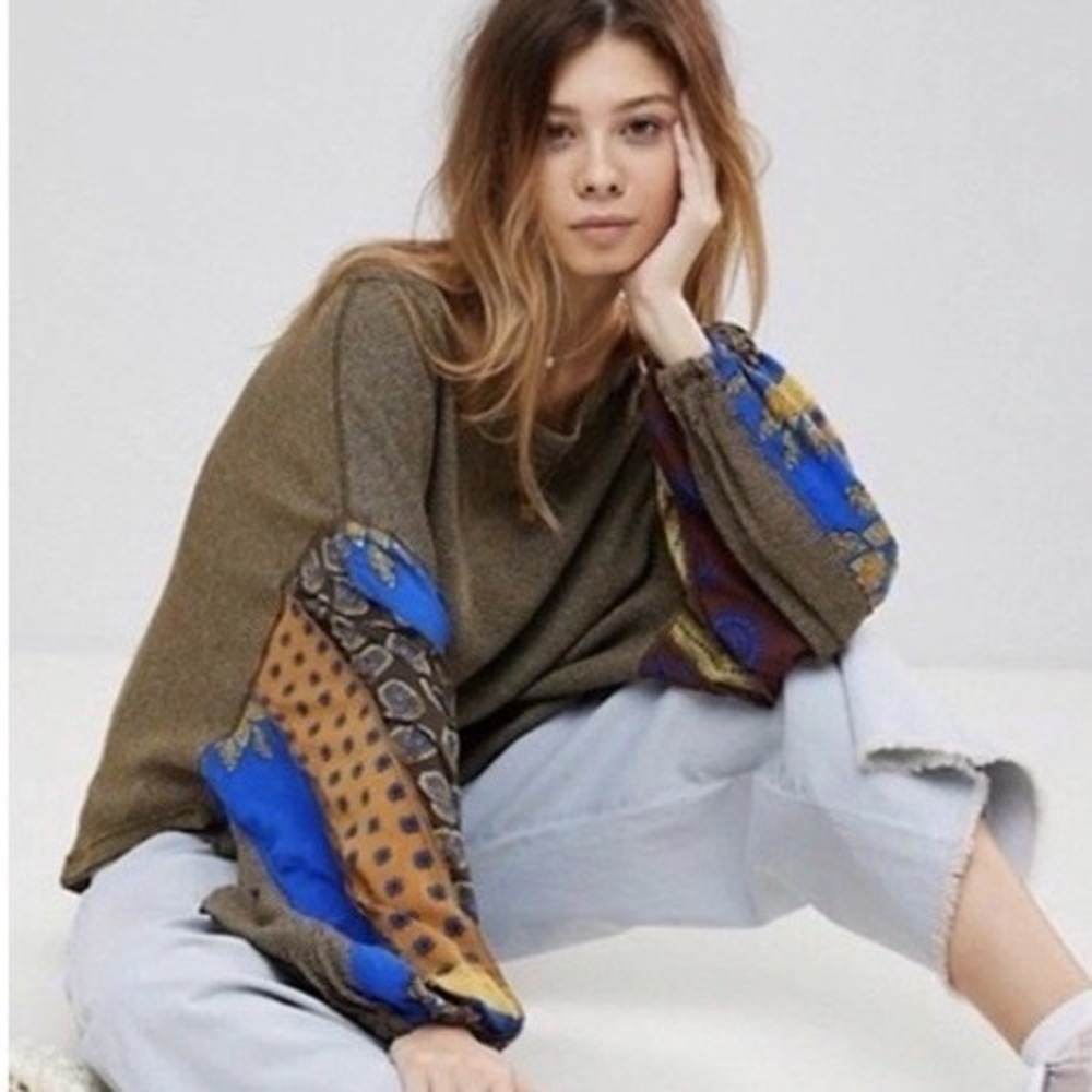 Free People Blossom Thermal Women LG Olive Mixed Print Sleeve Boho Festival Top